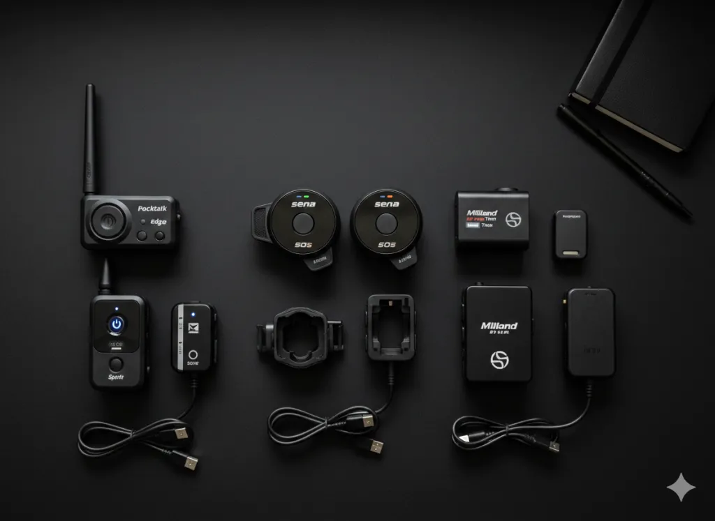 différents intercoms, cardo, sena posés sur une table pour les comparer