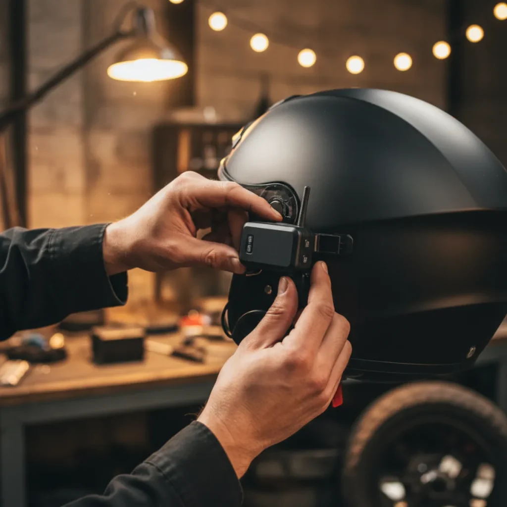 Mains installant un intercom Bluetooth sur un casque moto noir